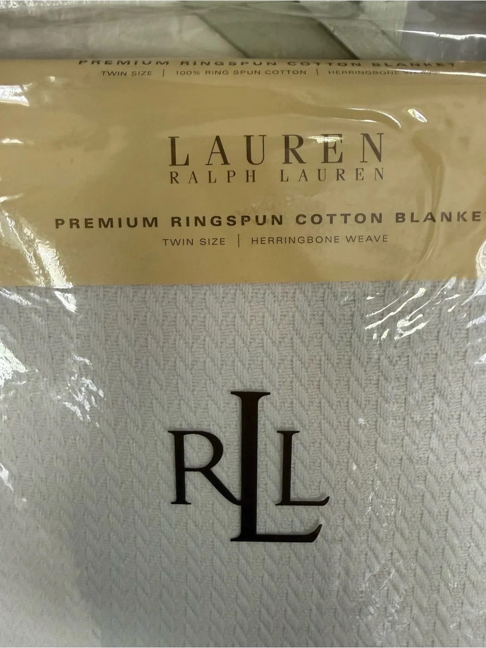 Ralph Lauren White Herringbone Cotton Blanket with Brown RLL Logo